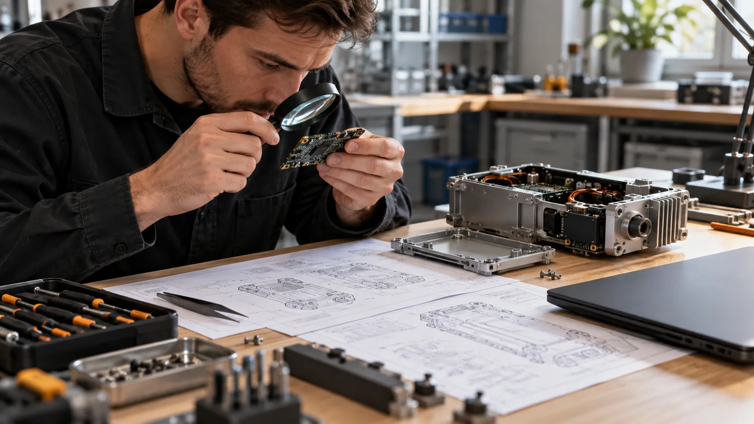 Engineer inspecting a circuit board beside an opened industrial device and technical drawings